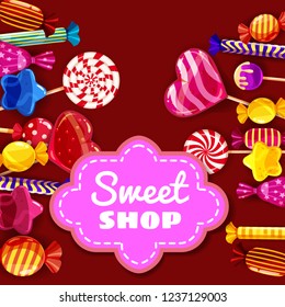 Candy Sweet Shop background set of different colors of candy, candy, sweets, candy, jelly beans. Template, poster, banner, vector, isolated, cartoon style