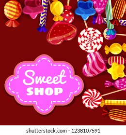 Candy Sweet Shop background set of different colors of candy, candy, sweets, candy, jelly beans. Template, poster, banner, vector, isolated, cartoon style