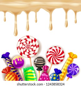 Candy Sweet Shop colourfull template set of different colors of candy, sweets, jelly beans with caramel drips. Background, poster, banner, vector, isolated, cartoon style