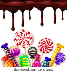 Candy Sweet Shop colourfull template set of different colors of candy, sweets, jelly beans with chocolate drips. Background, poster, banner, vector, isolated, cartoon style