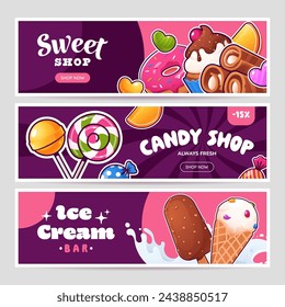 Diseño de banners publicitarios creativos de Candy and sweet shop. Banner del café de helados. Dulces y productos de panadería. Ideal para cupón de descuento, anuncio web, invitación , etc. Ilustración vectorial.