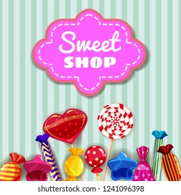 Candy Sweet Shop template set of different colors of candy, candy, sweets, candy, jelly beans. Background, poster, banner, vector, isolated, cartoon style