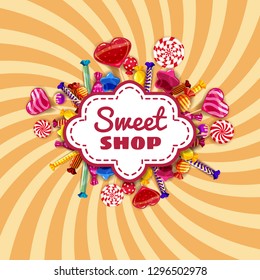 Candy Sweet Shop template set of different colors of candy, candy, sweets, chocolate candy, jelly beans with sprinkles, spiral colorful sweets. Background, poster, banner, isolated, cartoon style