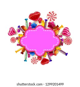 Candy Sweet Shop template set of different colors of candy, candy, sweets, chocolate candy, jelly beans with sprinkles, spiral colorful sweets. Background, poster, banner, isolated, cartoon style