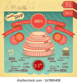 Candy Sweet Shop. Vintage Card Retro. Vector Illustration