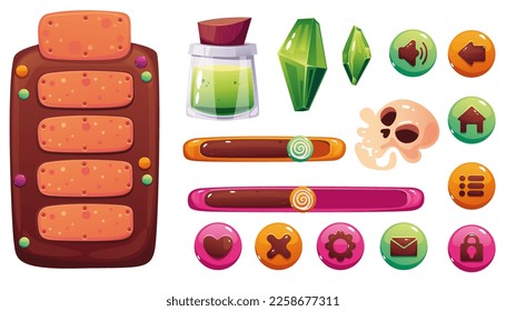 Candy estilo dulce chocolate cookie menú juego ui botón concepto de elemento de diseño de interfaz. Ilustración del diseño gráfico del vector