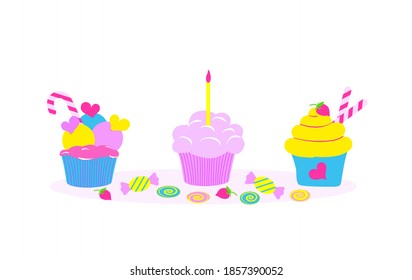 Candy, sweets, cake, cupcake. Holiday, birthday. Flat vector illustration, isolated ibjects.