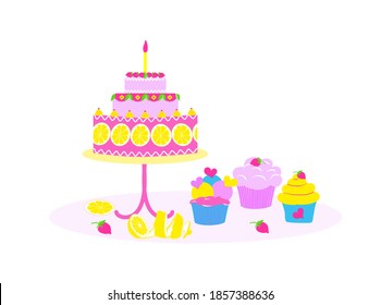 Candy, sweets, cake, lemon. Holiday, birthday. Flat vector illustration, isolated ibjects.