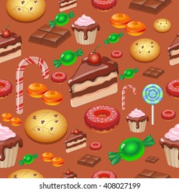 Candy, sweets and cakes seamless pattern background,  vector illustration