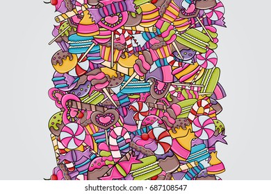 Candy and sweets cartoon doodle design. Cute background concept for advertisement, banner, flyer, brochure or greeting card. Hand drawn vector illustration.