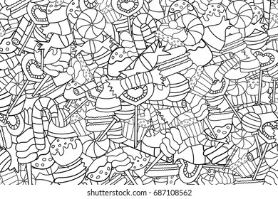 Candy and sweets cartoon doodle design. Cute outline background concept for advertisement, banner, flyer, brochure or greeting card. Hand drawn vector illustration. Lineart coloring page style.