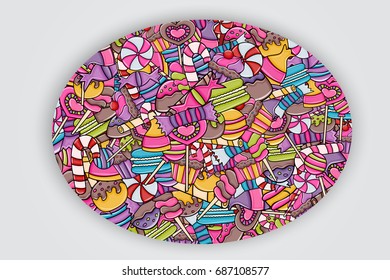 Candy and sweets cartoon doodle design. Cute background concept for advertisement, banner, flyer, brochure or greeting card. Hand drawn vector illustration.