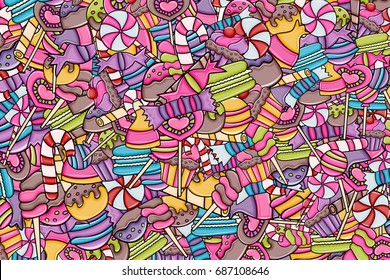 Candy and sweets cartoon doodle design. Cute background concept for advertisement, banner, flyer, brochure or greeting card. Hand drawn vector illustration.