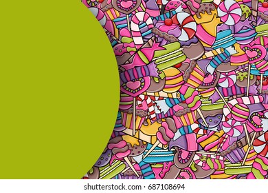 Candy and sweets cartoon doodle design. Cute background concept for advertisement, banner, flyer, brochure or greeting card. Hand drawn vector illustration.