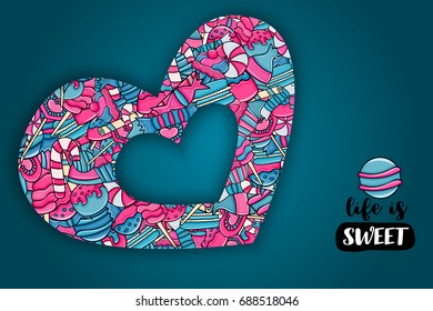 Candy and sweets cartoon doodle design. Cute background concept for advertisement, banner, flyer, brochure or greeting card. Hand drawn vector illustration. Pink and blue color.