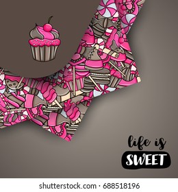 Candy and sweets cartoon doodle design. Cute background concept for advertisement, banner, flyer, brochure or greeting card. Hand drawn vector illustration. Pink and brown color.