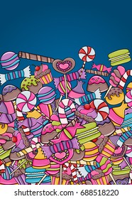 Candy and sweets cartoon doodle design. Cute background concept for advertisement, banner, flyer, brochure or greeting card. Hand drawn vector illustration.