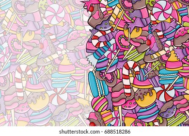 Candy and sweets cartoon doodle design. Cute background concept for advertisement, banner, flyer, brochure or greeting card. Hand drawn vector illustration.