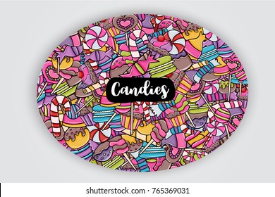 Candy and sweets cartoon doodle design. Cute background concept for advertisement, banner, flyer, brochure or greeting card. Hand drawn vector illustration.