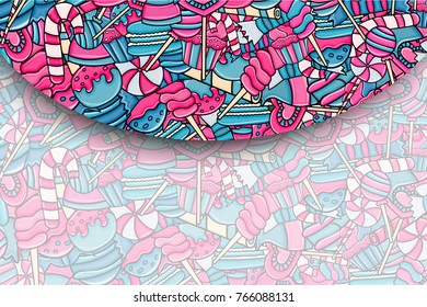 Candy and sweets cartoon doodle design. Cute background concept for advertisement, banner, flyer, brochure or greeting card. Hand drawn vector illustration.