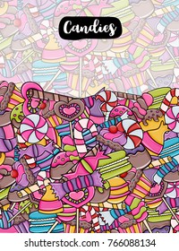 Candy and sweets cartoon doodle design. Cute background concept for advertisement, banner, flyer, brochure or greeting card. Hand drawn vector illustration.