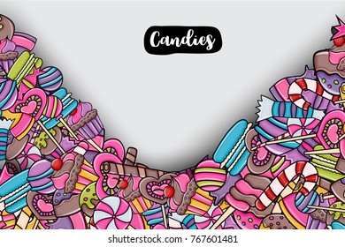 Candy and sweets cartoon doodle design. Cute background concept for advertisement, banner, flyer, brochure or greeting card. Hand drawn vector illustration.