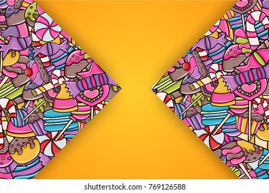 Candy and sweets cartoon doodle design. Cute background concept for advertisement, banner, flyer, brochure or greeting card. Hand drawn vector illustration.