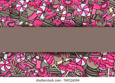 Candy and sweets cartoon doodle design. Cute background concept for advertisement, banner, flyer, brochure or greeting card. Hand drawn vector illustration.