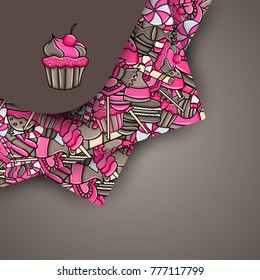 Candy and sweets cartoon doodle design. Cute background concept for advertisement, banner, flyer, brochure or greeting card. Hand drawn vector illustration.