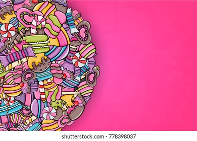 Candy and sweets cartoon doodle design. Cute background concept for advertisement, banner, flyer, brochure or greeting card. Hand drawn vector illustration.