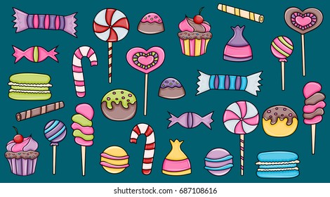 Candy and sweets cartoon doodle elements set. Hand drawn vector illustration. 