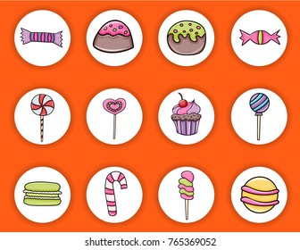 Candy and sweets cartoon doodle elements set. Hand drawn vector illustration. 