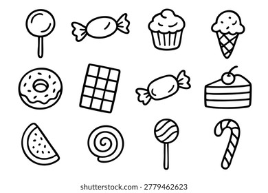 Candy and sweets collection icon set, doodle style. Vector Stock illustration