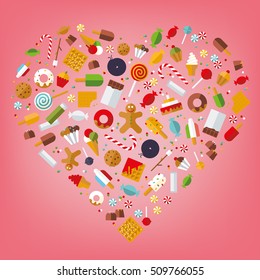 Candy, sweets, cookies and cakes icons arranged in heart shape on pink background, flat design
