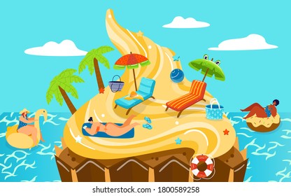 Candy sweets dream beach island vector illustration. Cartoon flat fantasy travel poster background with woman characters in bikini swimming sunbathing on ice cream beachside, sweetness world concept