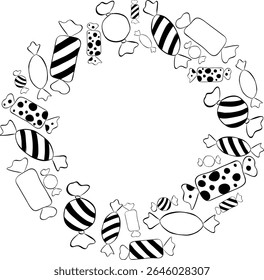 Candy sweets Frame circle round black and white template. Vector graphic line ink illustration for the text. card for the happy sweetest day and Halloween. For logo, web, package, sticker.
