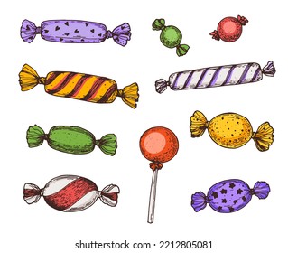 Süßigkeiten, Süßigkeiten handgezeichnet Skizze Sammlung. Vektorgrafik. Kanadier-Set. Cartoon-Stil.