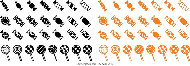 Grupo de colección de conjunto de iconos de dulces de caramelo en estilo de línea plana colorida con confitería, postre, golosinas, bombones, azúcar, bocadillos y Elementos sinónimos relacionados para gráficos de vacaciones, empaques, diseño de fiesta y decoración