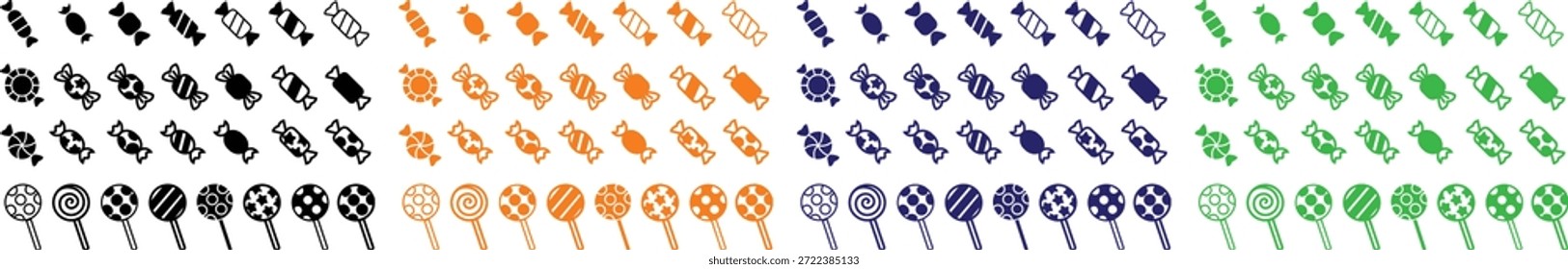Grupo de colección de conjunto de iconos de dulces de caramelo en estilo de línea plana colorida con confitería, postre, golosinas, bombones, azúcar, bocadillos y Elementos sinónimos relacionados para gráficos de vacaciones, empaques, diseño de fiesta y decoración