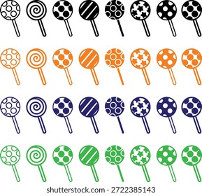 Grupo de colección de conjunto de iconos de dulces de caramelo en estilo de línea plana colorida con confitería, postre, golosinas, bombones, azúcar, bocadillos y Elementos sinónimos relacionados para gráficos de vacaciones, empaques, diseño de fiesta y decoración
