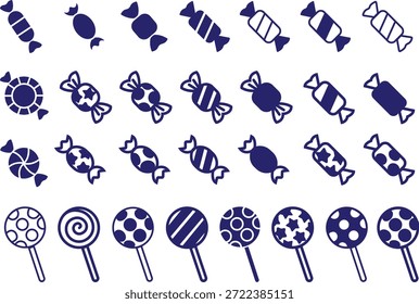 Grupo de colección de conjunto de iconos de dulces de caramelo en estilo de línea plana colorida con confitería, postre, golosinas, bombones, azúcar, bocadillos y Elementos sinónimos relacionados para gráficos de vacaciones, empaques, diseño de fiesta y decoración