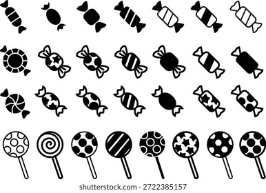 Candy sweets icon set collection group in black flat line style featuring confection, dessert, treat, bonbon, sugar, snack and related synonym elements for holiday graphics, packaging, party design and decoration