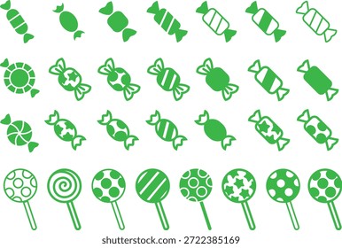 Grupo de colección de conjunto de iconos de dulces de caramelo en estilo de línea plana colorida con confitería, postre, golosinas, bombones, azúcar, bocadillos y Elementos sinónimos relacionados para gráficos de vacaciones, empaques, diseño de fiesta y decoración