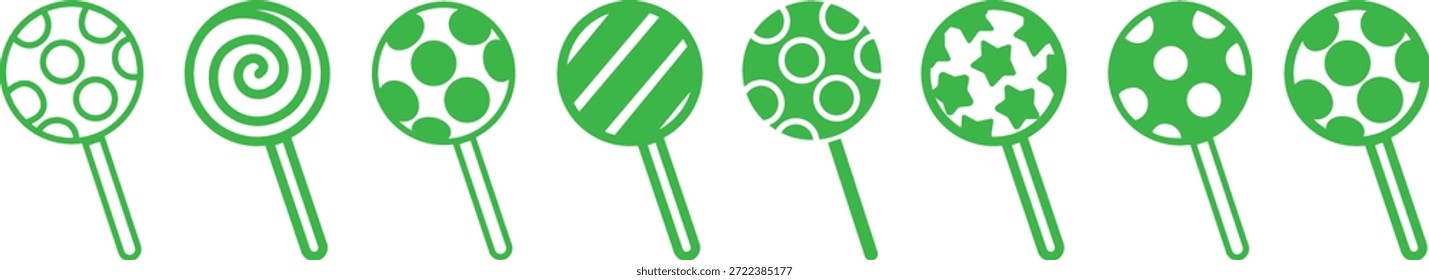 Grupo de colección de conjunto de iconos de dulces de caramelo en estilo de línea plana colorida con confitería, postre, golosinas, bombones, azúcar, bocadillos y Elementos sinónimos relacionados para gráficos de vacaciones, empaques, diseño de fiesta y decoración