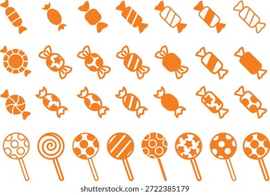 Grupo de colección de conjunto de iconos de dulces de caramelo en estilo de línea plana colorida con confitería, postre, golosinas, bombones, azúcar, bocadillos y Elementos sinónimos relacionados para gráficos de vacaciones, empaques, diseño de fiesta y decoración