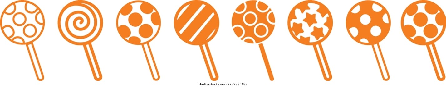 Grupo de colección de conjunto de iconos de dulces de caramelo en estilo de línea plana colorida con confitería, postre, golosinas, bombones, azúcar, bocadillos y Elementos sinónimos relacionados para gráficos de vacaciones, empaques, diseño de fiesta y decoración