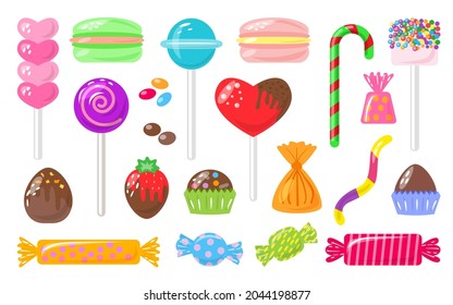 Candy sweets, marshmallow, hard candy on stick, dragee, macaroon, jelly worm, chocolate heart, strawberry, colorful set. Flat and cartoon style. Assorted bonbon isolated on white background. Vector