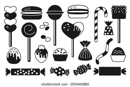 Candy Sweets, Marshmallow, Hard Candy On Stick, Dragee, Macaroon, Jelly Worm, Chocolate Heart, Strawberry, Glyph Set. Flat And Cartoon Style. Assorted Bonbon Isolated On White Background. Vector