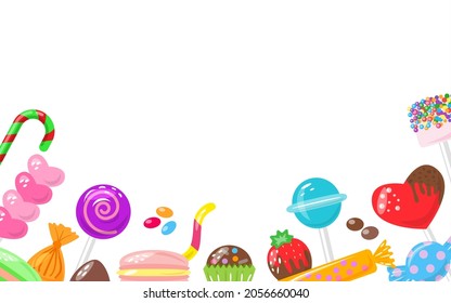 Candy sweets, marshmallow, hard candy on stick, dragee, macaroon, jelly worm, chocolate heart, strawberry, colorful set. Design for candys shop banner. Bonbon isolated on white background. Vector