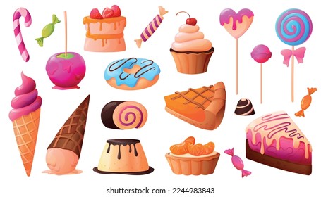 Candy sweets set of isolated cartoon style icons of confectionery products cakes lollipops donuts and candies vector illustration